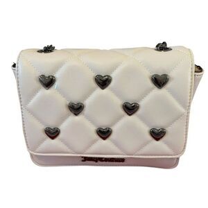 Juicy Couture Off White Quilted Crossbody w/Gun Metal Hearts & Shoulder Strap.